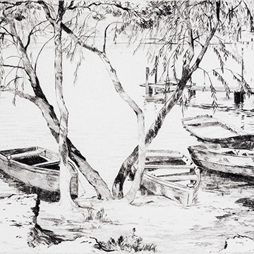 a black and white depiction of four row boats and trees on a lake